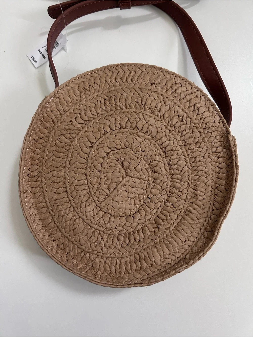 NWT Women’s Round Woven Crossbody Bag in Tan with Brown Strap